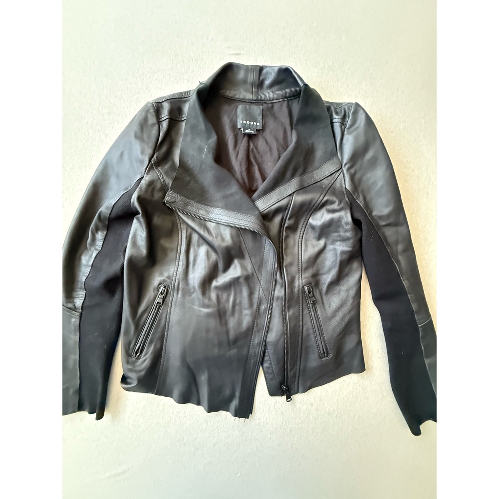 Trouve Womens Black Leather Mixed Media Asymmetric Moto Jacket Size M